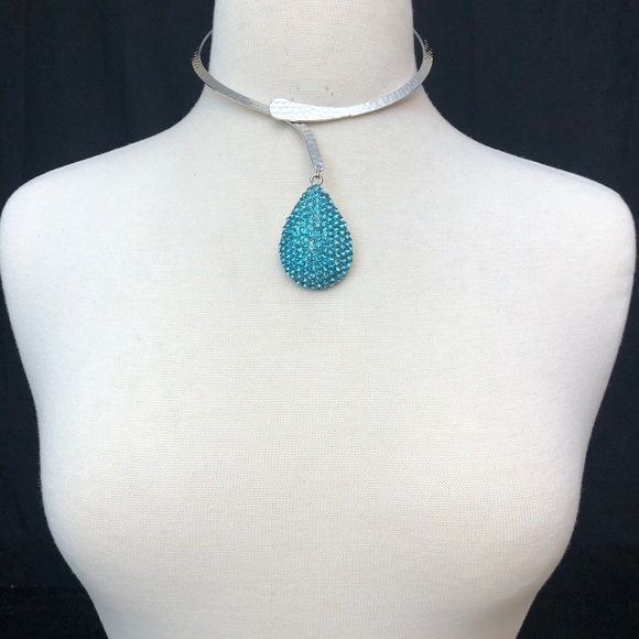 Aqua Blue Rhinestone Teardrop Choker Necklace - Picture 2 of 4